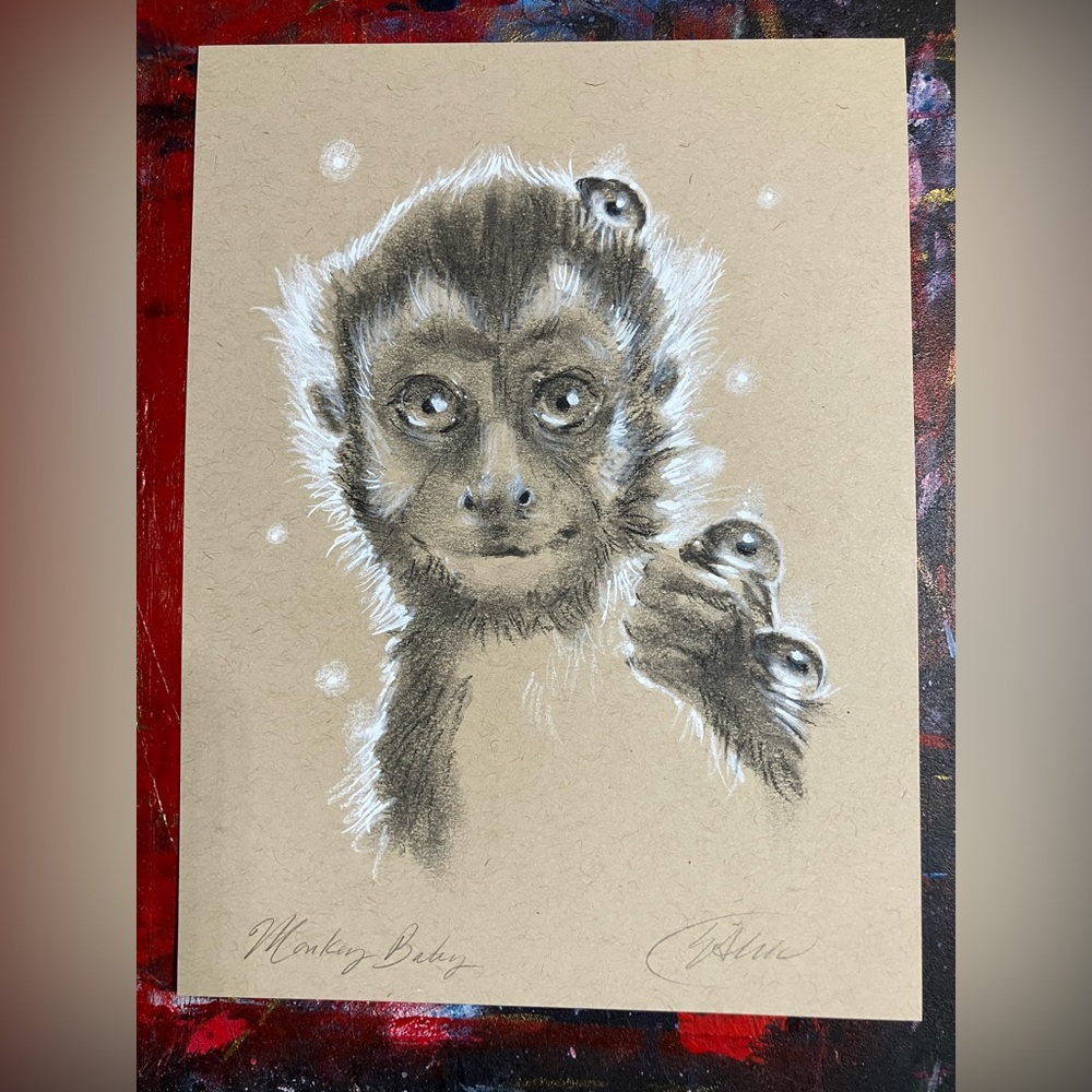 Monkey Original animal painting Charcoal pastel art surrealism ladybug nature